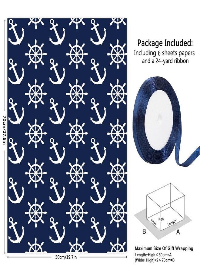 Geluode Sea Ocean Wrapping Paper, Navigation Nautical Sailing Anchor Rope Fish Seagull Boat Lighthouse Blue Gift Paper 20x28 Inches, 6 Folded Sheets with 1 Roll Blue Ribbon, for Birthday, Holiday, Wedding - Image 2
