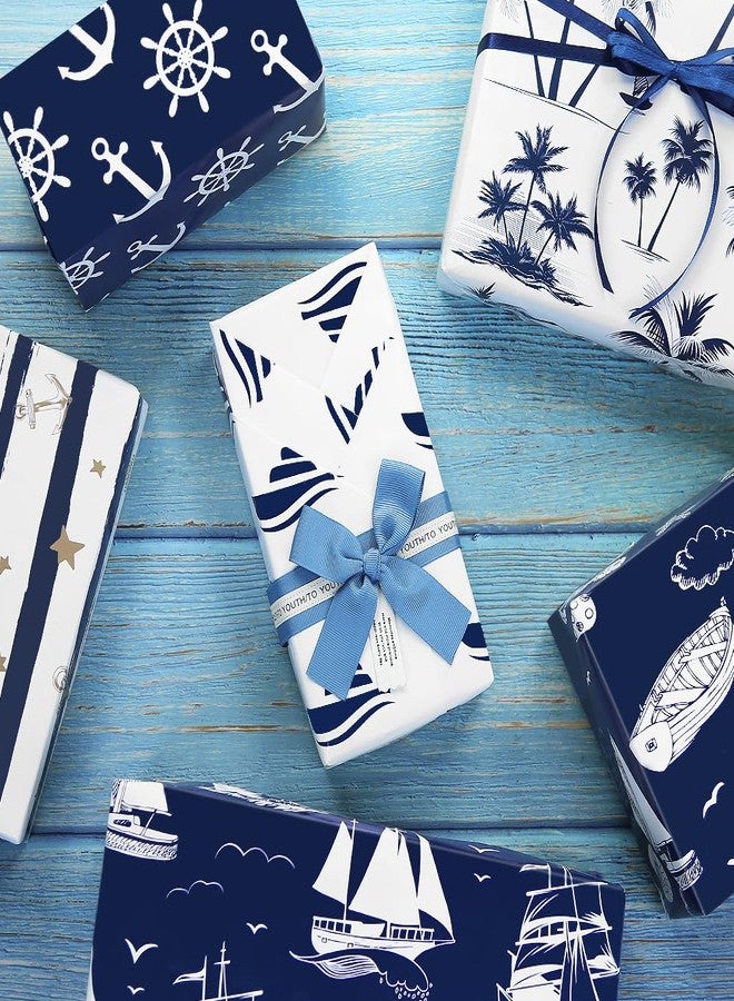 Geluode Sea Ocean Wrapping Paper, Navigation Nautical Sailing Anchor Rope Fish Seagull Boat Lighthouse Blue Gift Paper 20x28 Inches, 6 Folded Sheets with 1 Roll Blue Ribbon, for Birthday, Holiday, Wedding - Image 4
