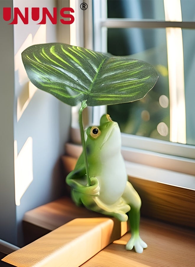 UNUNS تمثال حديقة، تمثال ضفدع خارجي، ديكور ضفادع، تمثال ضفدع سعيد يحمل مظلة، ديكور حديقة ضفدع للفناء، الحديقة، العشب، الشرفة، ديكور الحدائق، أخضر - Image 1