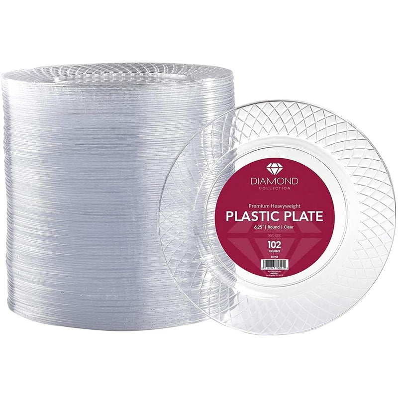 Prestee 102 Clear Plastic Plates Disposable - 6.25-inch Heavy Duty Hard Plastic Clear Plates for Party - Elegant Round Cake, Dessert, Salad, Appetizer, Dinner - Plate for Holiday Parties - Image 1