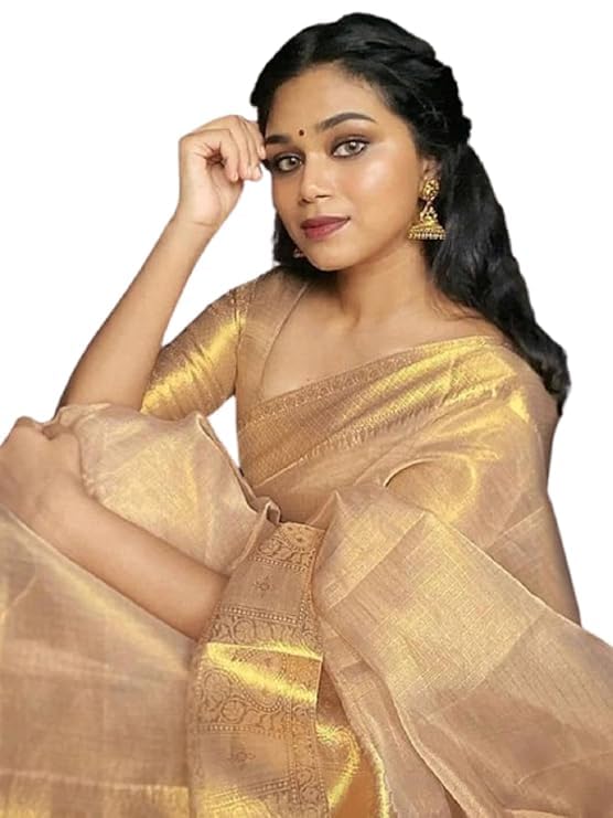 SGF11 Women's Kanjivaram Organza Tissue Pure Soft Silk Saree With Blouse Piece (Cream) - Image 5