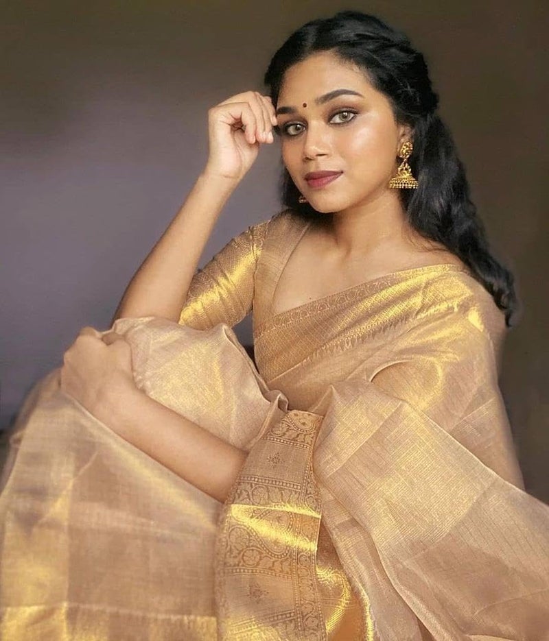 SGF11 Women's Kanjivaram Organza Tissue Pure Soft Silk Saree With Blouse Piece (Cream) - Image 2
