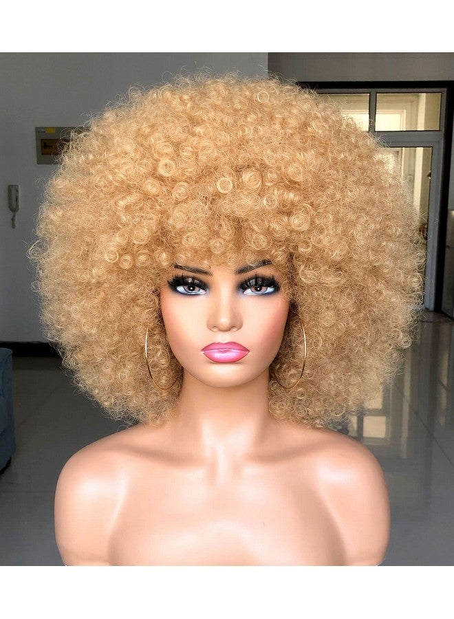 HIHOO Short Afro Wig With Bangs For Black Women Afro Kinky Curly Wig 70S Premium Synthetic Big Afro Wig(Blonde) - Image 1