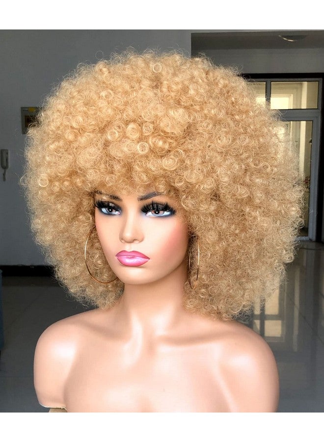 HIHOO Short Afro Wig With Bangs For Black Women Afro Kinky Curly Wig 70S Premium Synthetic Big Afro Wig(Blonde) - Image 4
