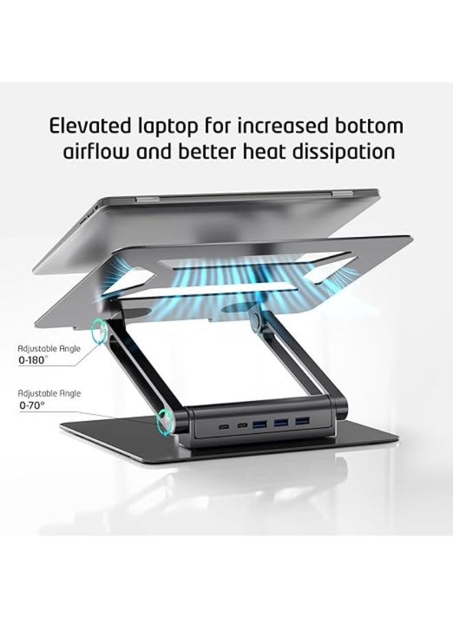 حامل لابتوب مزود بمنافذ USB-C وUSB-A، قاعدة ألومنيوم قابلة للتعديل مع دوران 360 درجة، تصميم مريح وقابل للطي للأجهزة من 7 إلى 17 بوصة - Image 2