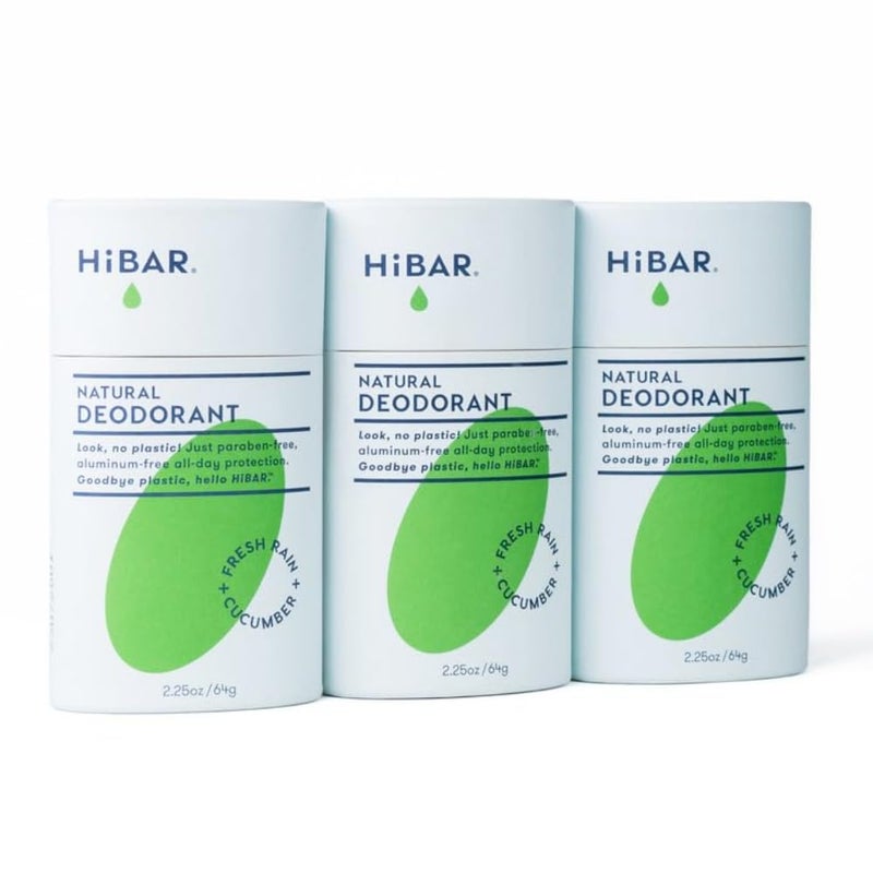 HiBAR - Fresh Rain & Cucumber Plastic Free Deodorant - Natural Deodorant - All-Day Protection - With Sunflower Seed Wax, Rice Bran & Shea Butter - Plastic, Paraben & Aluminum-Free - Vegan - 3 Pack
