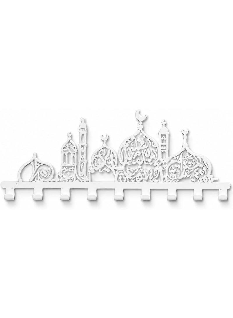 سلاسة علاقة جدارية أكريليك مزينة بزهرة مسجد من SLASA، رف مفاتيح ومعاطف فني إسلامي، 65 × 15 سم، أبيض - Image 1