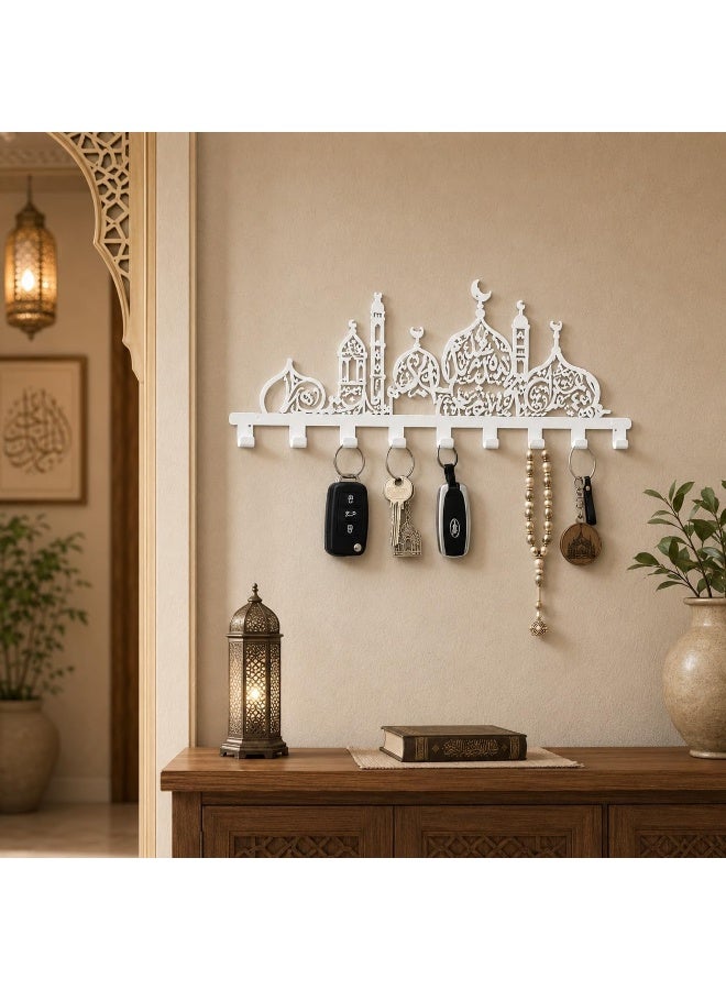 سلاسة علاقة جدارية أكريليك مزينة بزهرة مسجد من SLASA، رف مفاتيح ومعاطف فني إسلامي، 65 × 15 سم، أبيض - Image 3