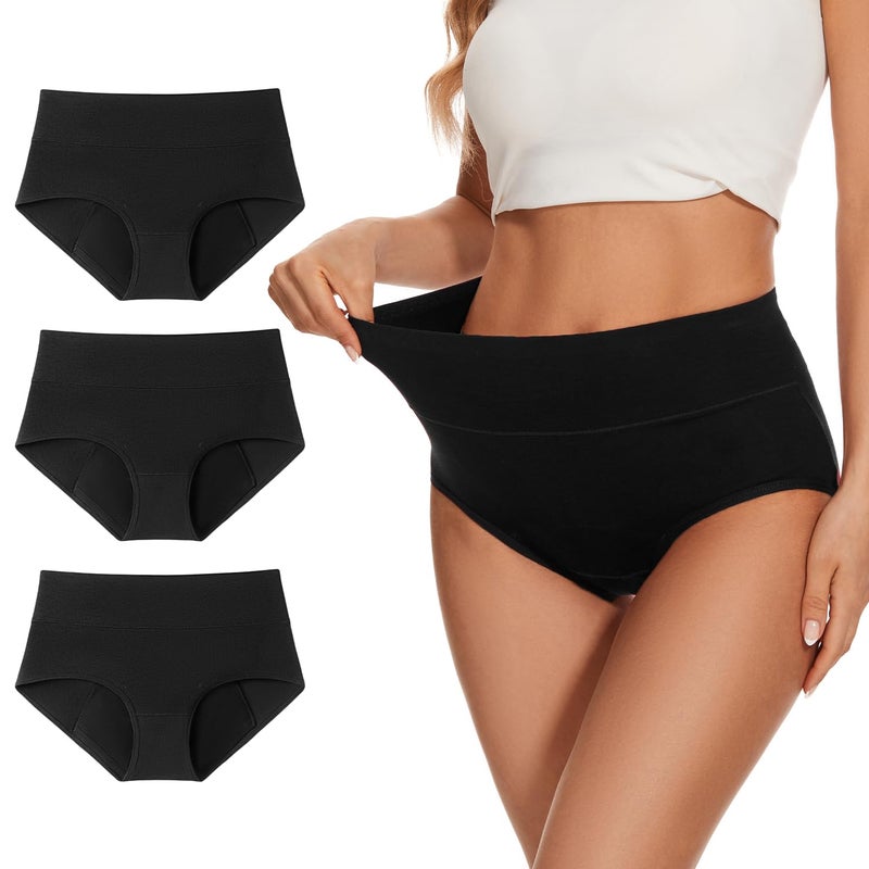 ALLBASE Womens Leakproof Period Underwear Heavy Flow Washable Postpartum Protection Panties High Absorbency Cotton High Waist Menstrual Briefs Black (3 Pack Regular & Plus Size) - Image 1