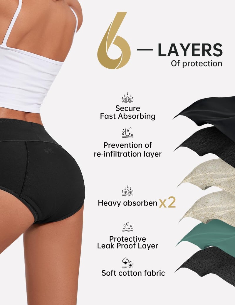ALLBASE Womens Leakproof Period Underwear Heavy Flow Washable Postpartum Protection Panties High Absorbency Cotton High Waist Menstrual Briefs Black (3 Pack Regular & Plus Size) - Image 2