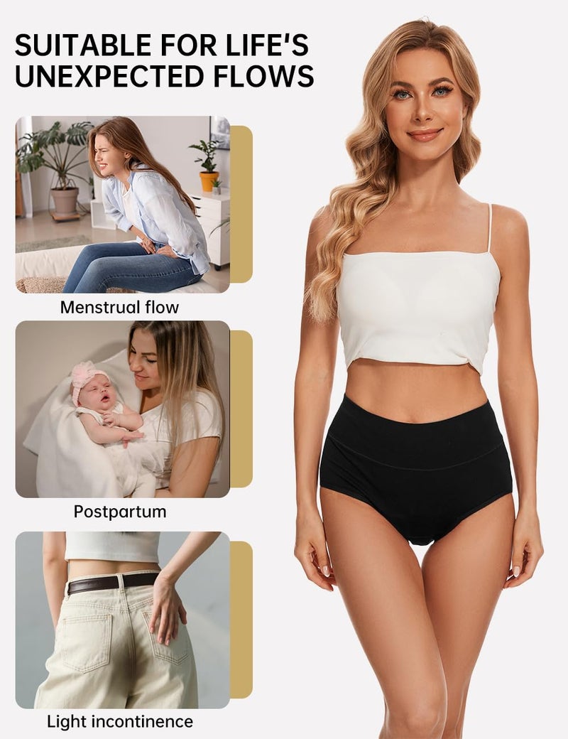 ALLBASE Womens Leakproof Period Underwear Heavy Flow Washable Postpartum Protection Panties High Absorbency Cotton High Waist Menstrual Briefs Black (3 Pack Regular & Plus Size) - Image 5