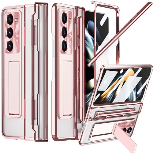 NINKI Luxury Hinged Case for Samsung Z Fold 4 with S Pen & Holder, 5 in 1 Screen Protector, Transparent Kickstand Rose Gold - Image 1