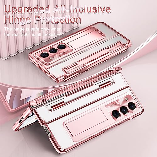 NINKI Luxury Hinged Case for Samsung Z Fold 4 with S Pen & Holder, 5 in 1 Screen Protector, Transparent Kickstand Rose Gold - Image 3