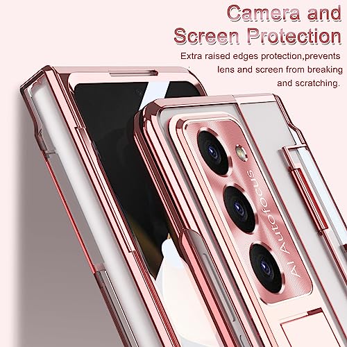 NINKI Luxury Hinged Case for Samsung Z Fold 4 with S Pen & Holder, 5 in 1 Screen Protector, Transparent Kickstand Rose Gold - Image 4