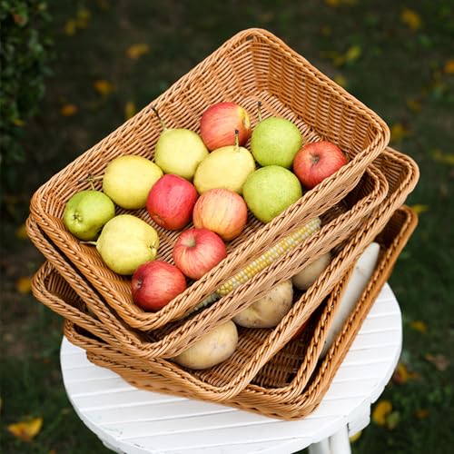 Retainbre 3 Pack Wicker Bread Baskets for Serving 15.8 Inch Rattan Tray Rectangular Display Baskets for Food Fruit Vegetables Snack Decorative Kitchen Restaurant Home - Image 2
