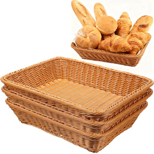 Retainbre 3 Pack Wicker Bread Baskets for Serving 15.8 Inch Rattan Tray Rectangular Display Baskets for Food Fruit Vegetables Snack Decorative Kitchen Restaurant Home - Image 1