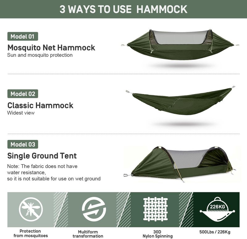 ETROL Camping Hammock with Mosquito Net,3 in 1 Function Parachute Portable Hammock,Double & Single Hammocks Tent for Travel Outdoor Indoor Hiking Patio - with Tree ​Straps,Carabiners,Aluminium Poles - Image 2