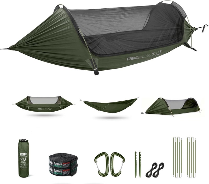 ETROL Camping Hammock with Mosquito Net,3 in 1 Function Parachute Portable Hammock,Double & Single Hammocks Tent for Travel Outdoor Indoor Hiking Patio - with Tree ​Straps,Carabiners,Aluminium Poles - Image 1