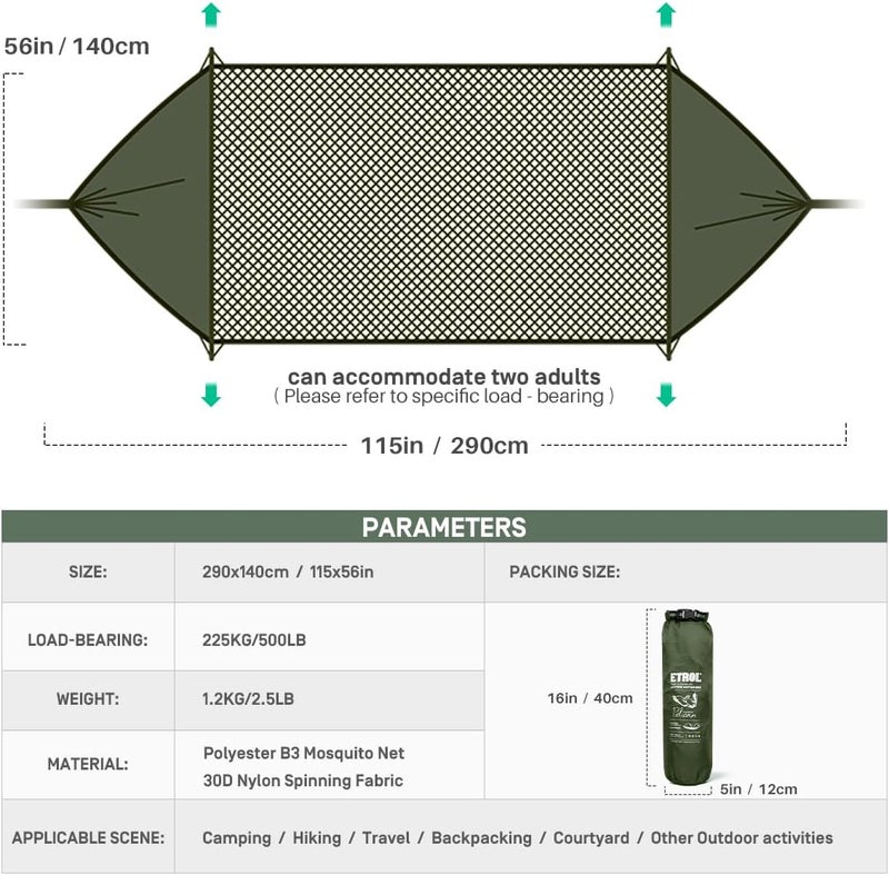 ETROL Camping Hammock with Mosquito Net,3 in 1 Function Parachute Portable Hammock,Double & Single Hammocks Tent for Travel Outdoor Indoor Hiking Patio - with Tree ​Straps,Carabiners,Aluminium Poles - Image 3