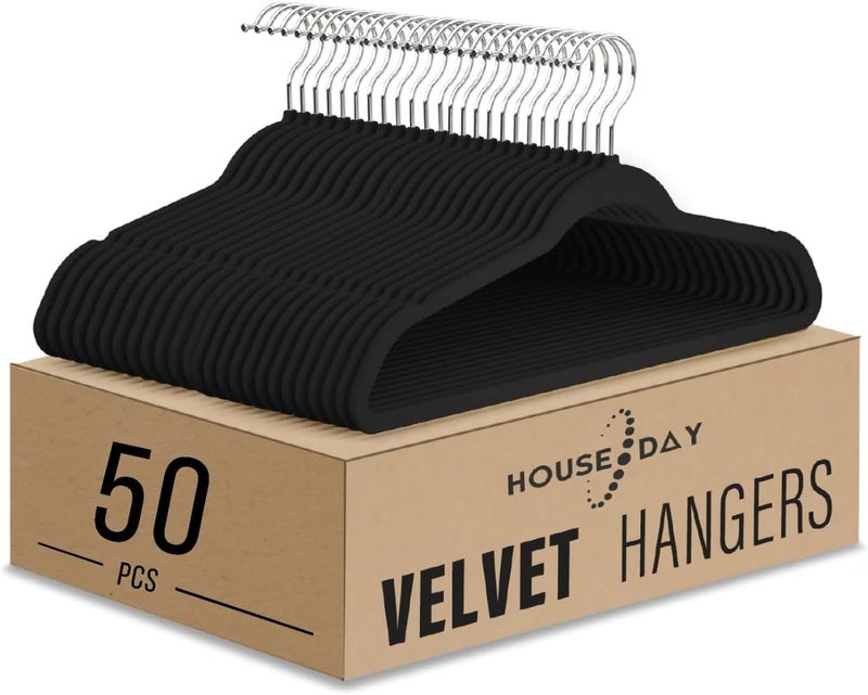 HOUSE DAY 50-Pack Clothes Hangers 45cm Velvet Coat Hangers Non-Slip Space Saving Hangers Adult Hangers ... (Black) - Image 1
