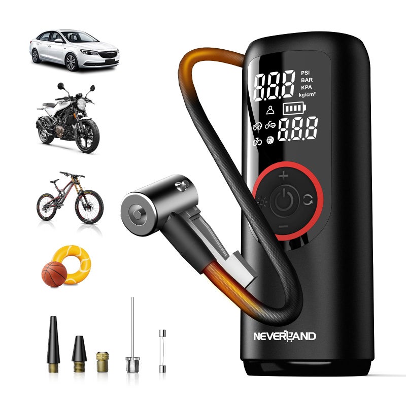 NEVERLAND مضخة هواء محمولة نيفرلاند لتضخيم الإطارات 5X أسرع 150 PSI مضخة هواء كهربائية لإطارات السيارات مضخة هواء بدون سلك مع مقياس ضغط للسيارات والدراجات النارية والكرات DC 12V حمراء