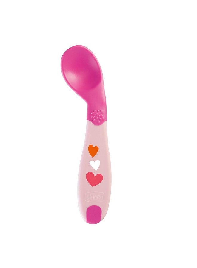 Chicco First Baby Self Feeding Spoon With Angled Tip, Suitable For Training Toddlers, Soft & Flexible Silicone Tip, 8M+ (Pink) - Image 1