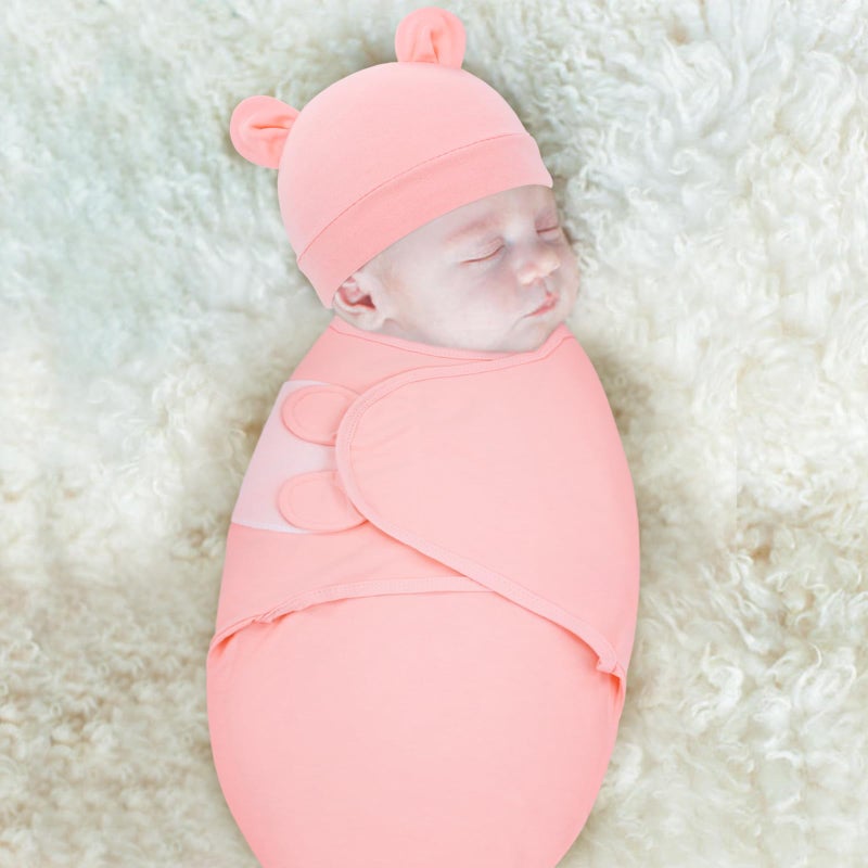 Cinaci 2 Pack Adjustable Soft Cotton Blend Newborn Baby Receiving Swaddle Blankets Sleep Sacks with Nursery Hats Caps Beanies Bonnets for Baby Girls Boys Newborns Infants - Image 5