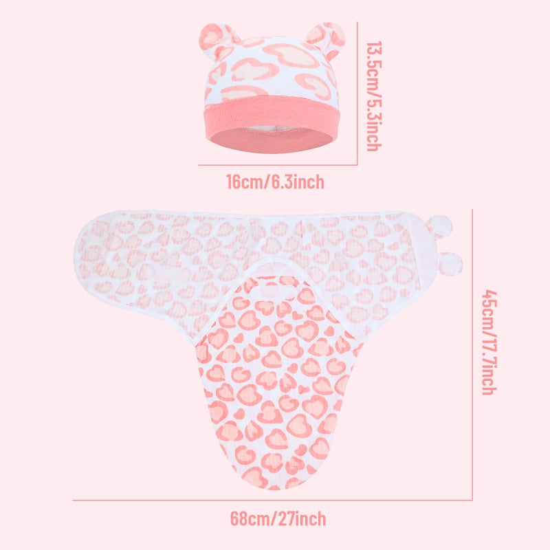 Cinaci 2 Pack Adjustable Soft Cotton Blend Newborn Baby Receiving Swaddle Blankets Sleep Sacks with Nursery Hats Caps Beanies Bonnets for Baby Girls Boys Newborns Infants - Image 2