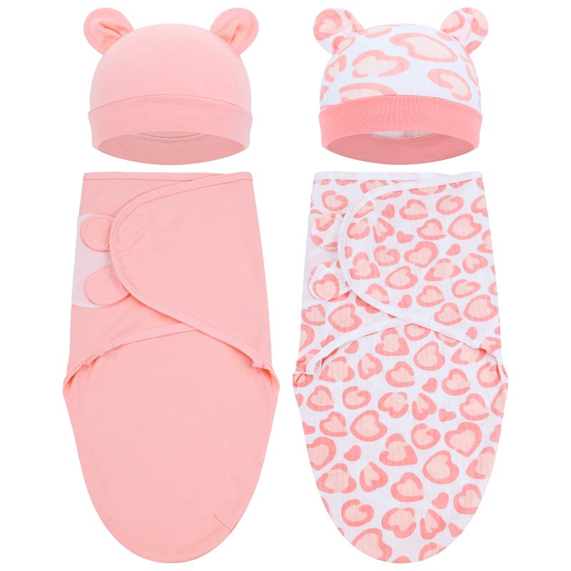 Cinaci 2 Pack Adjustable Soft Cotton Blend Newborn Baby Receiving Swaddle Blankets Sleep Sacks with Nursery Hats Caps Beanies Bonnets for Baby Girls Boys Newborns Infants - Image 1