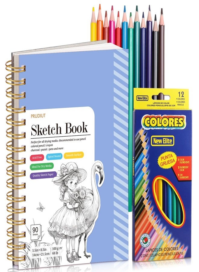 Prudiut Sketch Book with 12 Color Pencil Set, 90 Sheets Spiral Sketchbook for Drawing (68lb/100gsm), Acid-Free Sketch Pad for Kids Artist, Art Paper Drawing Supplies for Gifts(Blue) - Image 1