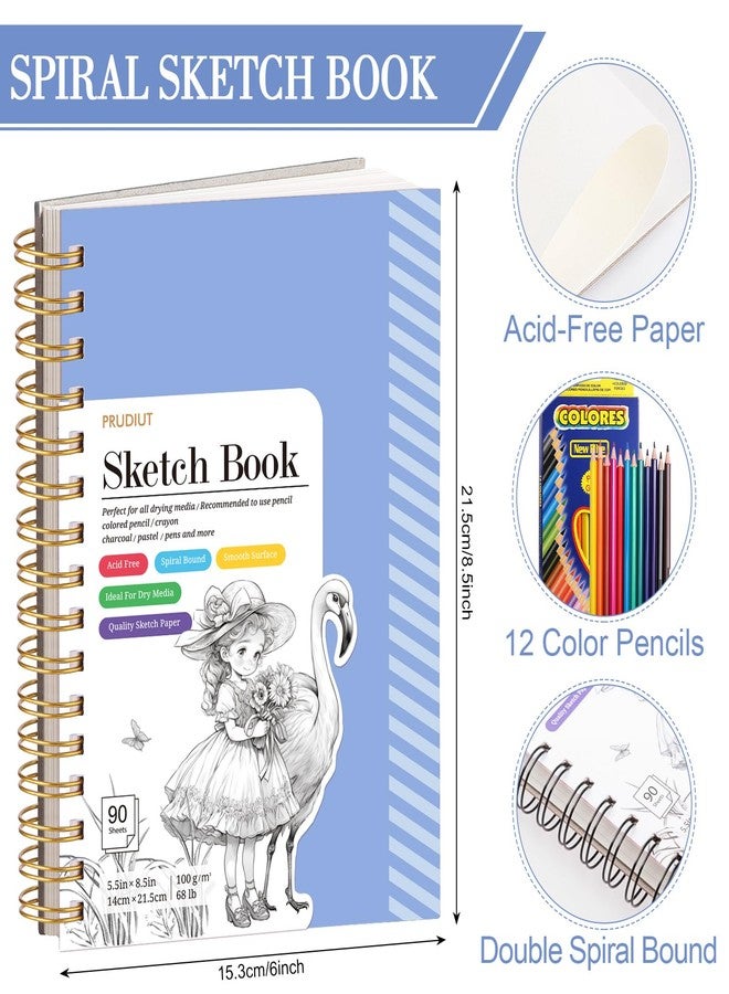 Prudiut Sketch Book with 12 Color Pencil Set, 90 Sheets Spiral Sketchbook for Drawing (68lb/100gsm), Acid-Free Sketch Pad for Kids Artist, Art Paper Drawing Supplies for Gifts(Blue) - Image 3