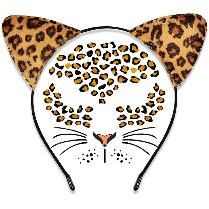 Cheetah Ears Headband with Leopard Temporary Tattoo Cheetah Costume Women Leopard Ears Headband and Face Stickers Set Halloween Cat Ears Headband Leopard Costumes for Women Adult