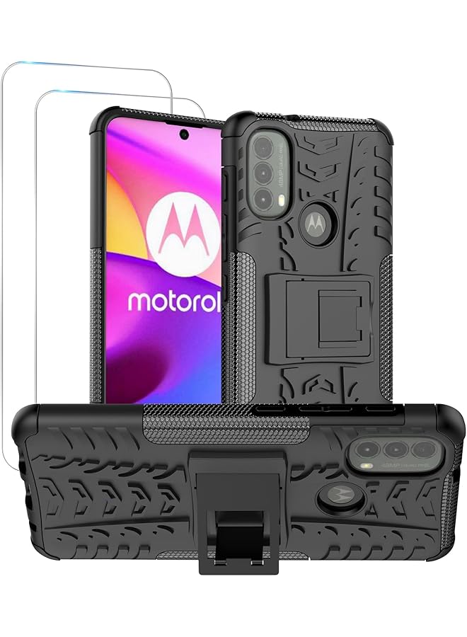 erorex For Motorola Moto E40 Motorola Moto E30 Case With Tempered Glass 2 Pieces Shockproof Heavy Duty Strong Durable Kick Stand Case Cover Moto E40 E30 Black 1 - Image 1