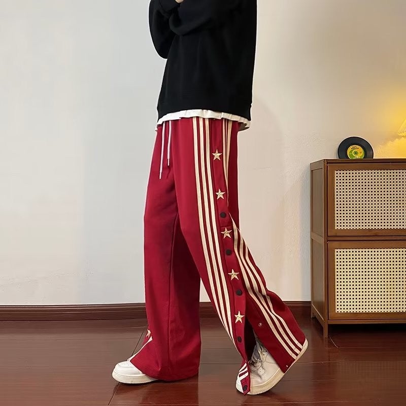 Oversize Mens Streetwear Buttoned Split Stripe Joggers K48 red  - Image 1