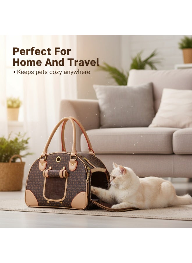 حقيبة نقل حيوانات أليفة أنيقة، حقيبة نقل قطط على متن الطائرة، حقيبة نقل كلاب، حقيبة نقل حيوانات أليفة قابلة للطي، حقيبة نقل قطط ناعمة الجوانب مع شبكة قابلة للتنفس، حقيبة كتف أنيقة من جلد البولي يوريثان للقطط (بني) - Image 1