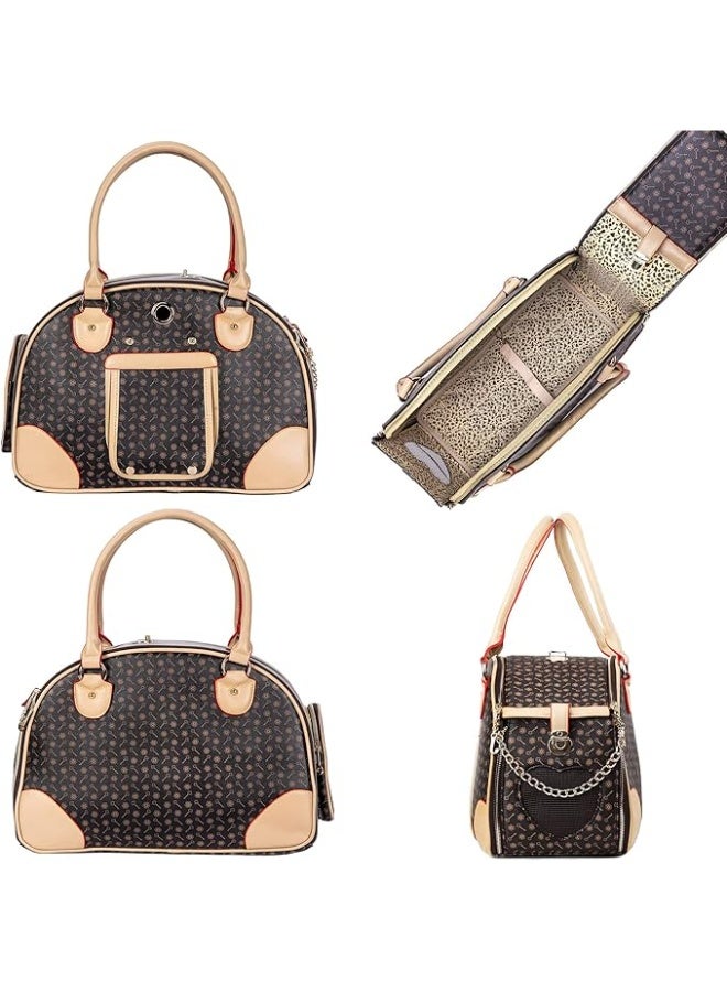 حقيبة نقل فاخرة للحيوانات الأليفة، حقيبة نقل للقطط من الجلد الطبيعي، حقيبة نقل فاخرة للكلاب، حقيبة سفر قابلة للطي للحيوانات الأليفة مع نافذة شبكية قابلة للتنفس، حقيبة نقل أنيقة للقطط من جلد البولي يوريثان (بني) - Image 3