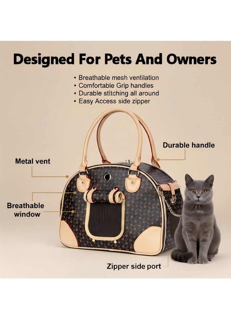حقيبة نقل فاخرة للحيوانات الأليفة، حقيبة نقل للقطط من الجلد الطبيعي، حقيبة نقل فاخرة للكلاب، حقيبة سفر قابلة للطي للحيوانات الأليفة مع نافذة شبكية قابلة للتنفس، حقيبة نقل أنيقة للقطط من جلد البولي يوريثان (بني) - Image 5