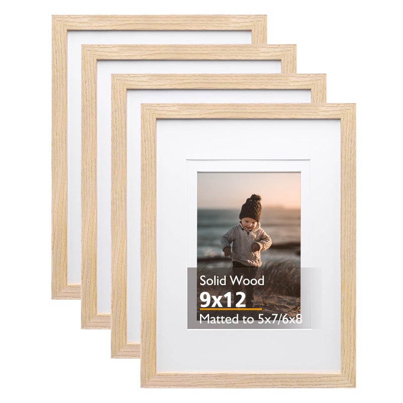 KINLINK 9x12 Picture Frames Natural Solid Wood Frames with Acrylic Plexiglass for Pictures 5x76x8 with Mat or 9x12 without Mat Tabletop and Wall Mounting Display Set of 4