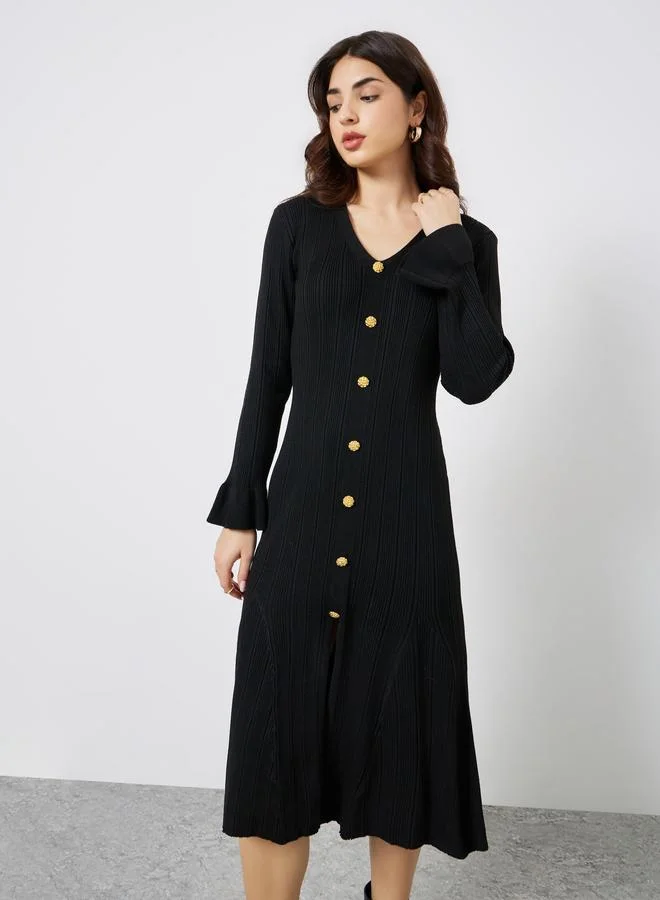 Styli Black Textured Knit Midi Dress with Buttons