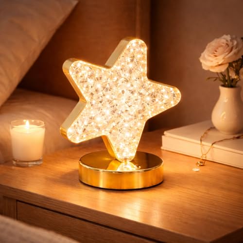 Lexton Cordless Decorative Nightstand Star Shape Crystal Diamond LED Lamp | Rechargeable, 3-Way Dimmable, Touch Control, USB Powered | Suitable for Bedroom, Restaurant (Pack of 1, Warm White) - Image 1