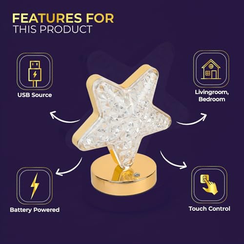 Lexton Cordless Decorative Nightstand Star Shape Crystal Diamond LED Lamp | Rechargeable, 3-Way Dimmable, Touch Control, USB Powered | Suitable for Bedroom, Restaurant (Pack of 1, Warm White) - Image 5
