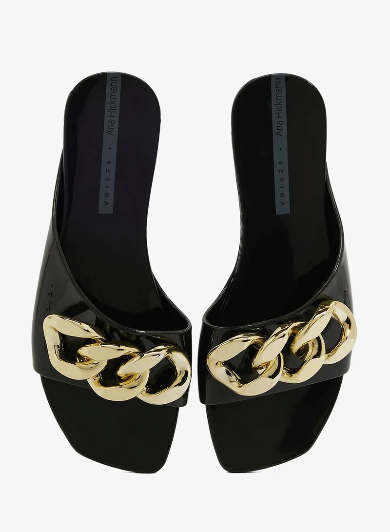 Voices Black-Black-Gold Avolto  Corrente 2K Women'S Low Sandal With Chain Design - Black/Gold for Women | Best Price UAE