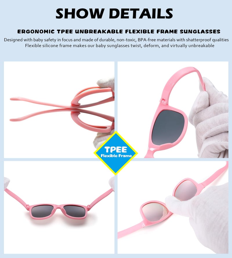 NULOOQ Flexible Polarized Baby Sunglasses with Strap Adjustable for Toddler & Newborn Infant 0-18 Months (Pink/Pink Mirrored + Matte Pink/Gray) - 2 Pack - Image 5