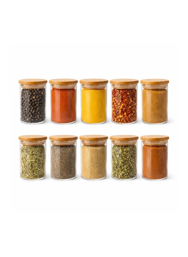 مجموعة من 10 برطمانات زجاجية للتوابل بأغطية خشبية محكمة الإغلاق من الخيزران – عبوات تخزين شفافة سعة 175 مل للتوابل والأعشاب والبهارات – برطمانات لتنظيم المطبخ - Image 1