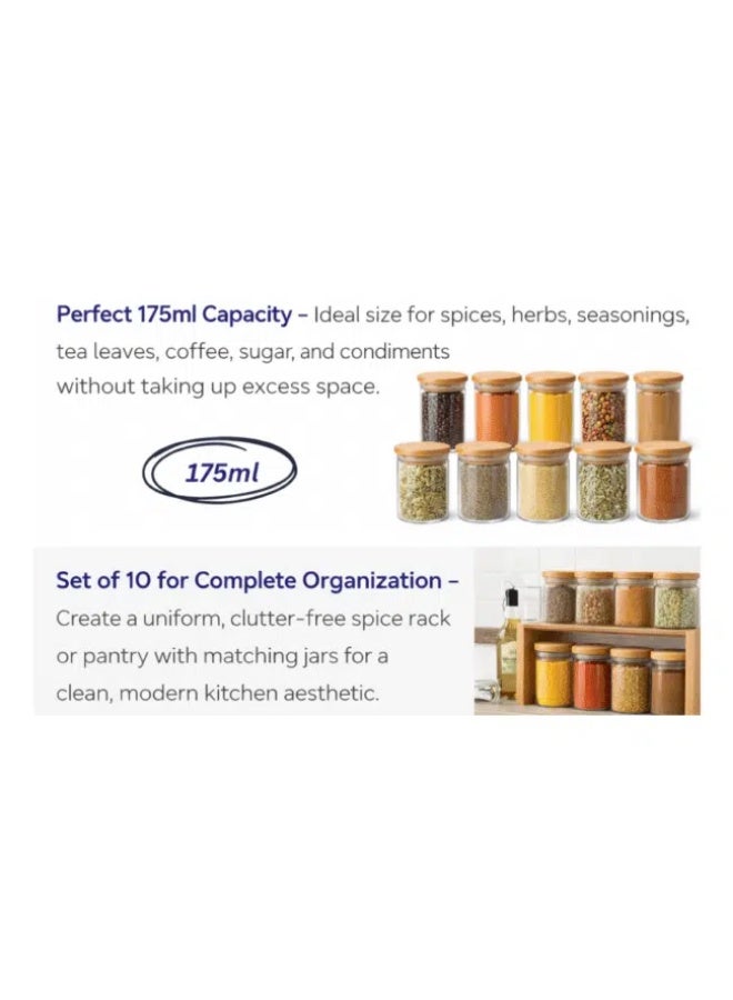 مجموعة من 10 برطمانات زجاجية للتوابل بأغطية خشبية محكمة الإغلاق من الخيزران – عبوات تخزين شفافة سعة 175 مل للتوابل والأعشاب والبهارات – برطمانات لتنظيم المطبخ - Image 5