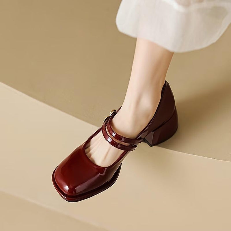 Stunner Women's Chunky Low Block Heels Dress Pumps Comfortable Closed Square Toe Mary Jane Pumps Wine Red 42(9) - Image 2