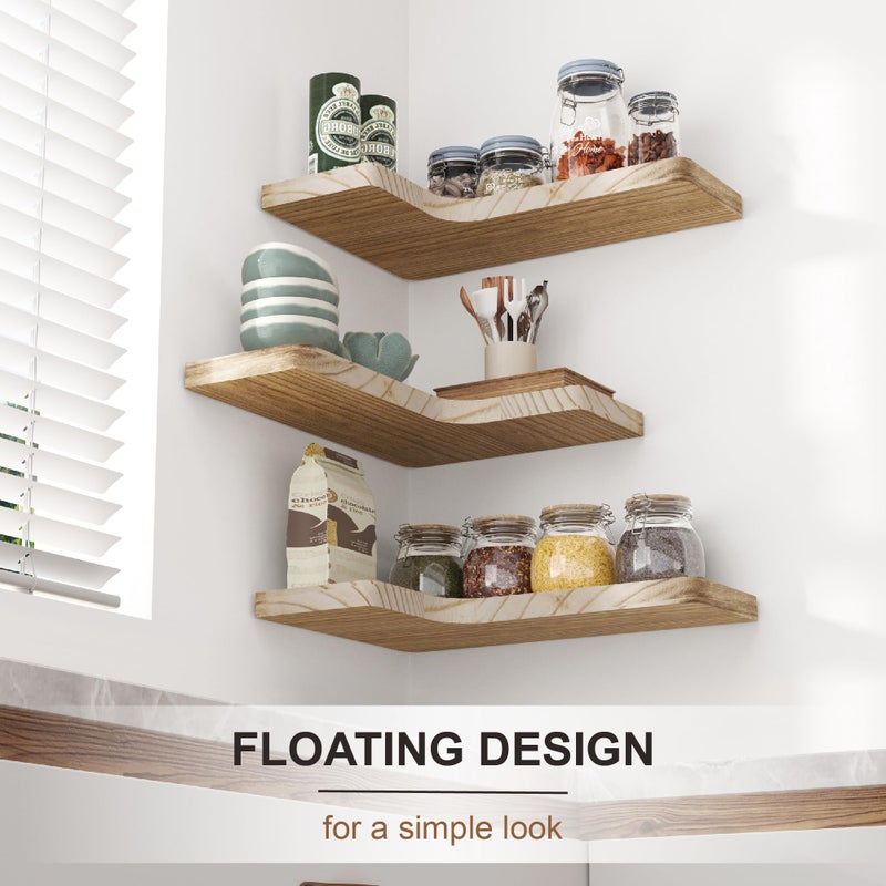 fuqing Floating Corner Shelves, Wall Shelf Set of 3, Shelves for Wall Storage, Solid Wood Shelves for Storage, Wall Mount Wooden Display Shelf for Bathroom Bedroom Kitchen Garage, Carbonized Black - Image 2