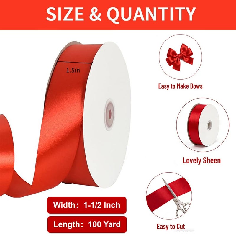 TONIFUL 100 Yards Red Ribbon 1-1/2 Inch Satin Ribbon for Gift Wrapping Bouquet Wrapping Eternal Flower Making and Wedding Chair Sash Valentine's Day Christmas Decorations Hair Bows Crafts & Sewing - Image 2