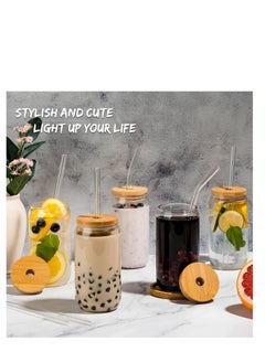 MIXDE 6 Pcs Drinking Glasses with Bamboo Lids and Glass Straw - 16 Oz Can Shaped Glass Cups Beer Glasses Ice Coffee Glasses Cute Tumbler Cup Great for Soda Boba Tea Cocktail Include 2 Cleaning Brushes  - Image 3