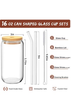 MIXDE 6 Pcs Drinking Glasses with Bamboo Lids and Glass Straw - 16 Oz Can Shaped Glass Cups Beer Glasses Ice Coffee Glasses Cute Tumbler Cup Great for Soda Boba Tea Cocktail Include 2 Cleaning Brushes  - Image 2